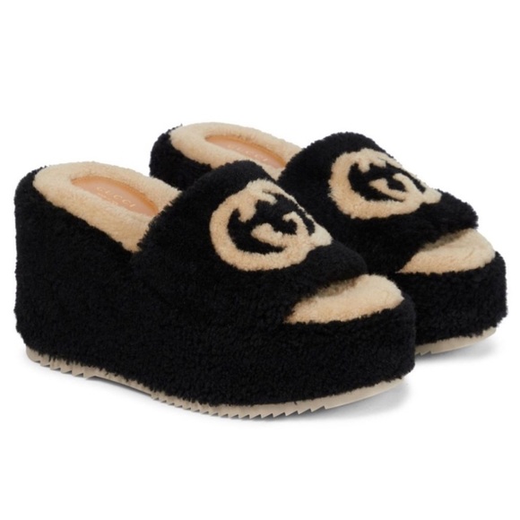 Gucci Elea Shearling GG Interlocking G Platform Slide Wedge Black Butterscotch - Picture 2 of 9